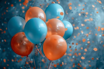Wall Mural - a festive bunch of blue and orange balloons surrounded by a flurry of confetti create a joyous atmos