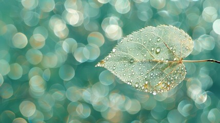 Canvas Print -   A leaf dripping with water sits before a blue-green backdrop of light, blurred at the edges