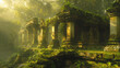 A lush green forest with a ruined temple in the background