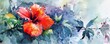 Beautiful watercolor painting of a red hibiscus flower, spring summer concept