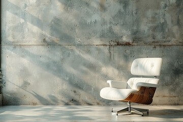 Poster - Luxurious white leather chair with wooden details in a modern minimalistic interior with a rough concrete wall and shadows