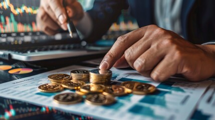 Leinwandbilder - A professional stacks coins on a financial chart, analyzing investment growth and market data with a laptop nearby.