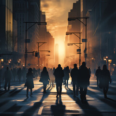 Sticker - Silhouettes of people walking on a busy urban street