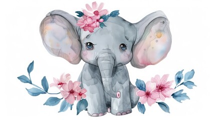 pink watercolor elephant illustration image with flowers