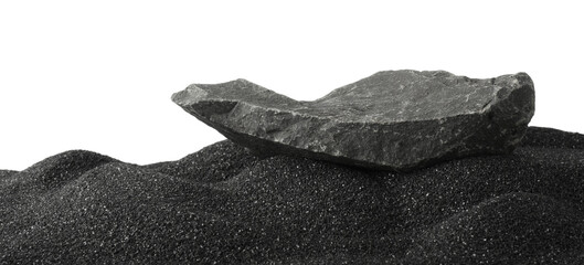 Sticker - Presentation of product. Stone podium on black sand against white background