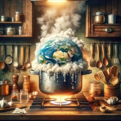 The image shows a planet Earth inside a cooking pot on the stove