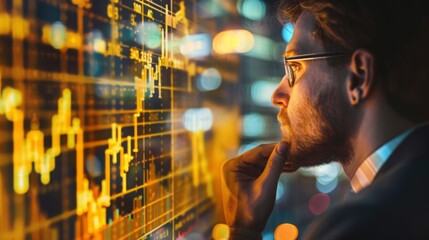 Fototapete - A focused man analyzes complex financial charts and graphs on a glowing digital display in a dark office setting.