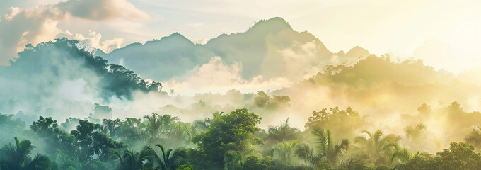 Wall Mural - A panoramic view of the jungle mountains with mist in Kailoang, Thailand.A panoramic view of the jungle mountains with mist in Kailoang, Thailand.