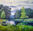 Oil paintings landscape, fine art, artwork, river in the forest, landscape with lake