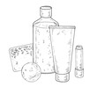 Cosmetic Bottles Vector. Black line art drawing of beauty products. Outline illustration of shampoo and cream. Linear sketch on isolated white background. Hand drawn editable clipart