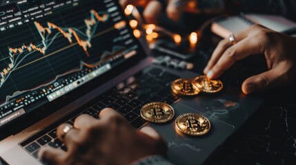 Poster - A person examines cryptocurrency trends on a laptop screen while handling Bitcoin tokens.