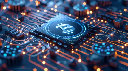 Aufkleber - A close-up view of a bitcoin chip positioned on top of a computer chip, symbolizing the integration of cryptocurrency with technology.