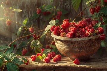 Wall Mural - Fresh raspberries in a bowl on a rustic wooden table, perfect for food and kitchen related projects