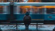 © Neda Asyasi - Person sitting on a bench with a blurry train passing by. Moments of solitude in motion. A lone figure contemplates life as trains whiz by