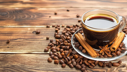 Cup of coffee and beans on an old kitchen table. Coffee grower. A hot morning invigorating drink. Place for text. Copy space