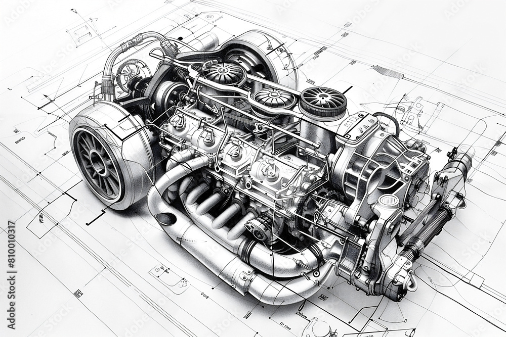 Dibujo técnico de un motor de coche deportivo, en blanco y negro, con ...