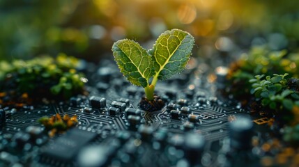 Wall Mural - Technological growth - young plant sprouting from circuit board