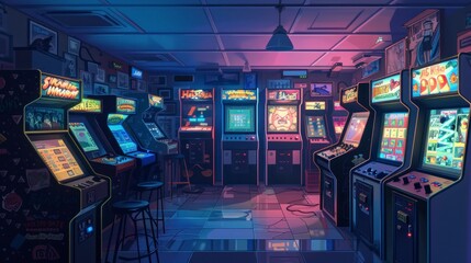 Sticker - Retro arcade room with old video game machines with soft neon lights in high resolution and quality