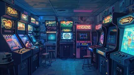 Poster - Retro arcade room with old video game machines with soft neon lights in high resolution and high quality. video game concept