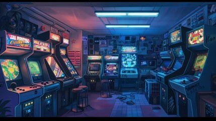 Sticker - retro arcade room with old video game machines with soft neon lights in high resolution