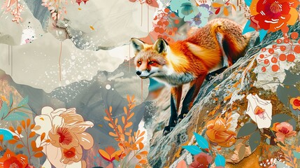 Wall Mural - ai generated illustration of a fox perched in a tree beside wildflowers on the ground
