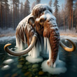 mammoth frozen in a swamp standing upright with beautiful clear, transparent water, freezing all around this upright body

