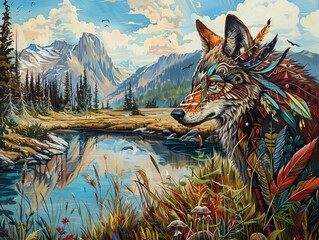Wall Mural - ai generated illustration of a wolf with plumage near a pond and trees in nature