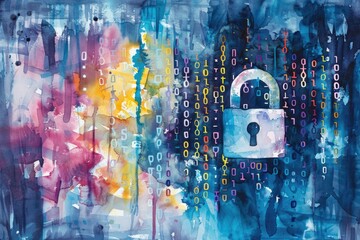 Poster - A painting of a padlock on a digital background. Suitable for cybersecurity concepts