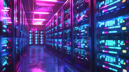 Poster - A vibrant, neon-lit server room with rows of high-tech data storage equipment.