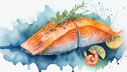 Wall Mural - Watercolor hand drawn piece of salmon fish, shrimp.