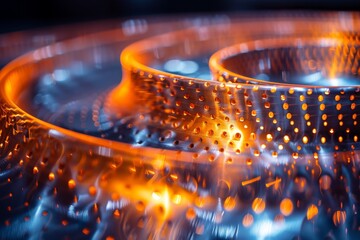 Poster - The photo captures a glowing orange perforated metal surface, creating a fascinating play of light and shadow