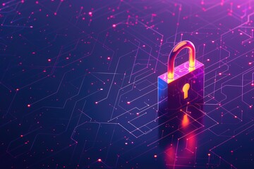 Poster - A padlock secured on a circuit board with a purple background. Suitable for technology and security concepts