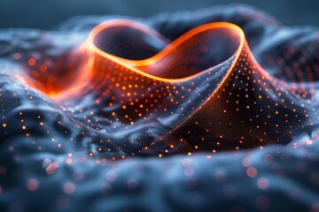 Fototapete - Ethereal digital artwork of neon light waves undulating across a dark, dotted terrain, embodying a futuristic feel