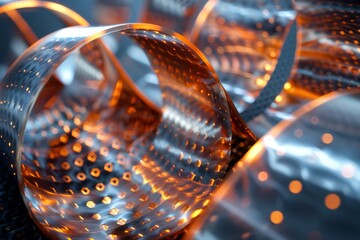 Poster - Artistic representation of a ribbon-like structure with glowing dots in a 3D composition showcasing depth and contemporary design