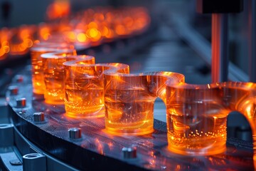Poster - A mesmerizing view of glowing orange molds moving systematically on a production line, illustrating modern manufacturing