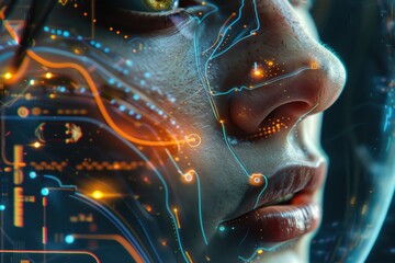Poster - Close up of a person's face with a circuit board background, suitable for technology concepts