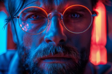 Poster - This image captures the vibrant interplay of blue and red neon lights, creating a mesmerizing abstract visual effect
