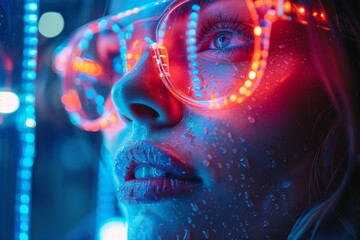 Poster - This image embodies a cyberpunk aesthetic with a stark contrast of blue and pink neon lights