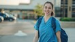 © Oulaphone - A portrait of attractive female nurse carrying her backpack and walking towards the entrance to the hospital parking lot. Work-life balance of healthcare worker.