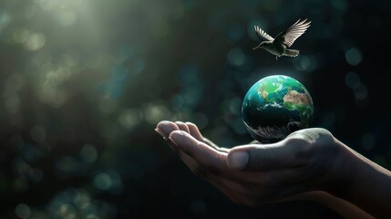 Fantasy green globe earth in hand with flying bird on nature blur background. Generated AI