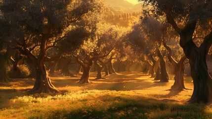 Wall Mural - A late afternoon view of an olive grove with the sun casting warm hues over the trees, creating a peaceful and inviting scene