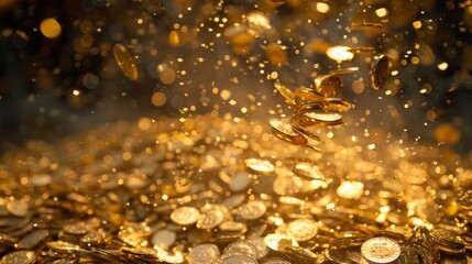 Poster - A stack of gold coins cascading from the sky, symbolizing a sudden financial windfall or abundance.