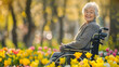 Senior woman sitting in wheel chiar while smiling on camera during spring time at city park - Joyful elderly, assistance and pensioner concept - Model by AI generative
