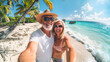Happy senior couple doing selfie at tropical beach during summer vacation - Joyful elderly and holiday concept - Models by AI generative