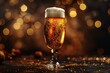 Frosty glass of beer with christmas decoration on bokeh background