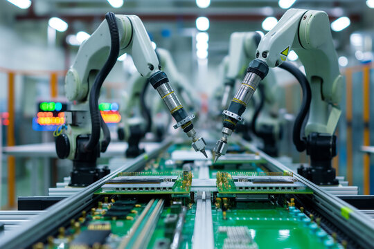 A lot of robotic arms manufacturing and producing new technology in a giant industrial factory, human work and labor replacement, and robot automation systems.