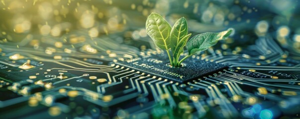 Wall Mural - A young plant sprouting from a circuit board, symbolizing innovation in sustainable tech