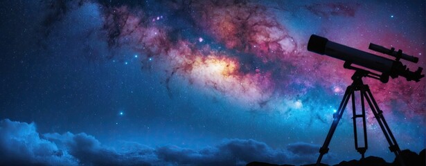 Wall Mural - Telescope at sunset night sky, galaxy astrophotography background
