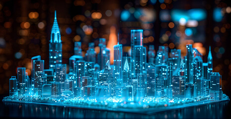 Wall Mural - A city is shown in a blue and green light, with a skyscraper in the center