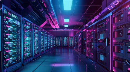 Fototapete - Multiple rows of servers illuminated by vibrant neon lights in a data center, showcasing advanced technology and connectivity infrastructure.